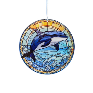 Custom Art Deco Animal Dolphin Sun Catcher Waterweed Stain Glass <b>Panel</b> <b>Window</b> for Home Decoration-Ocean Ornaments - Product Image 1