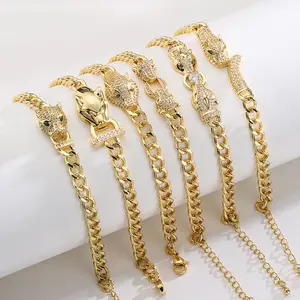 Copper plated 18K gold zircon leopard head charm bracelet female niche hip hop hand jewelry cross-border source of goods