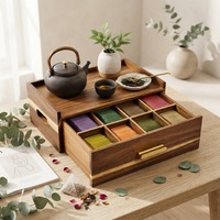 Organisateur de sachets de thé en bois d'acacia, boîte de rangement à 8 compartiments avec tiroir, coffre à thé, station à café, porte-sachets de sucre