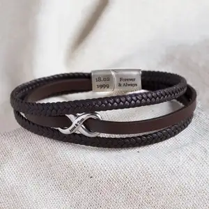 Gepersonaliseerde Gegraveerde Naam Rvs Infinity Multilayer Lederen Armband Voor Mannen