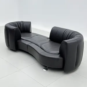 现代当代3座组合沙发黑色皮革轨道扶手沙发，带木腿模块化客厅套装