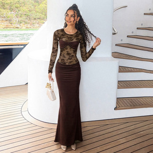 YY6053 Abito da <span class=keywords><strong>donna</strong></span> autunnale 2026 a maniche lunghe in pizzo marrone, elegante, ecologico, traspirante, tinto in capo, in tessuto - Product Image 3