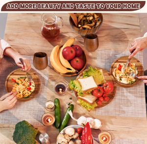 Pratique chaud 16 pièces ensemble de vaisselle en bois d'acacia plateau en bois assiettes rondes en bois bols en bois massif et tasses à thé pour la cuisine - Product Image 6