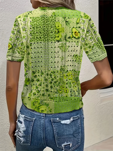 Cardigan en tricot pointelle vert avocat pour femme, collection été 2026, pull court imprimé à col en V ajouré 100 % polyester - Product Image 3