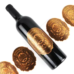 Etiquetas adhesivas personalizadas para botella de vino tinto, etiqueta de aluminio suave, en relieve dorado, impreso privado