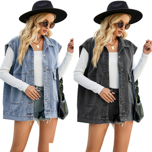 <span class=keywords><strong>Veste</strong></span> <span class=keywords><strong>en</strong></span> <span class=keywords><strong>jean</strong></span> longue coupe ample <span class=keywords><strong>sans</strong></span> manches avec boutons pour femmes, nouvelle collection 2023 - Product Image 1
