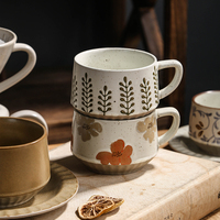 Ensemble tasse à café et soucoupe en céramique florale vintage, vaisselle rétro en grès peinte à la main, tasse à thé pour la maison, le bureau, le café, usage quotidien, cadeau