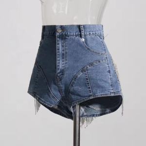 Shorts en jean taille haute pour femme, nouveauté été, à franges et strass, coupe droite, vente chaude OEM - Product Image 2