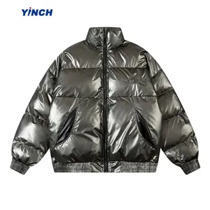 LAYENNE Men's Thickened Down Jacket Quilted Streetwear Coat glossy surface stand collar zip up oversize jacket coat