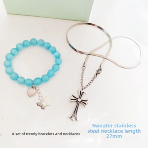 Bracelet pour <span class=keywords><strong>femme</strong></span> en perles de verre soufflé de 10 mm, émail violet cendré et bleu ciel, avec pendentif cercle unique, bijoux pour la fête des Mères - Product Image 3