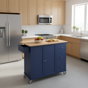 Carrello da Cucina con Ruote e Piano in Legno Massello Blu Scuro, con Anta Ribaltabile, 52,7 Pollici, Armadietto Portaoggetti - Product Image 2