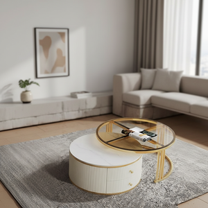 Luxury Modern Round <strong>White</strong> Living Room Coffee <strong>Table</strong> Set Modern Contemporary Stylish <strong>Nesting</strong> Coffee <strong>Tables</strong> with Storage - Product Image 2