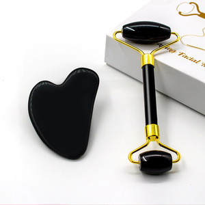 Gua <span class=keywords><strong>sha</strong></span>-Rodillo de jade para el cuidado de la piel, conjunto de rodillo de jade de cristal obsidiana, color negro, 100% - Product Image 1