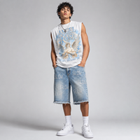 Ensemble T-shirt et short en jean rétro pour homme, qualité supérieure, été, imprimé personnalisé, style hip-hop urbain, décontracté, respirant, 100 % coton, couleur unie