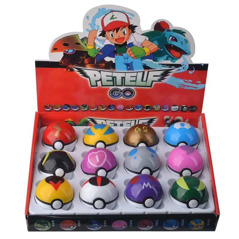 hot selling good quality pokey ball 5cm game ball with inside figure toy and 3 cards 12pcs pokeball in display box packing