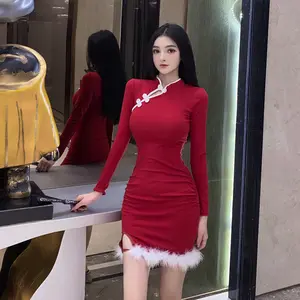 Fashion 2024 New Autumn Winter Women Tops Vintage Sweet Mini Christmas Long Sleeve Fur Elegant Red Cheongsam Dress 4JDN