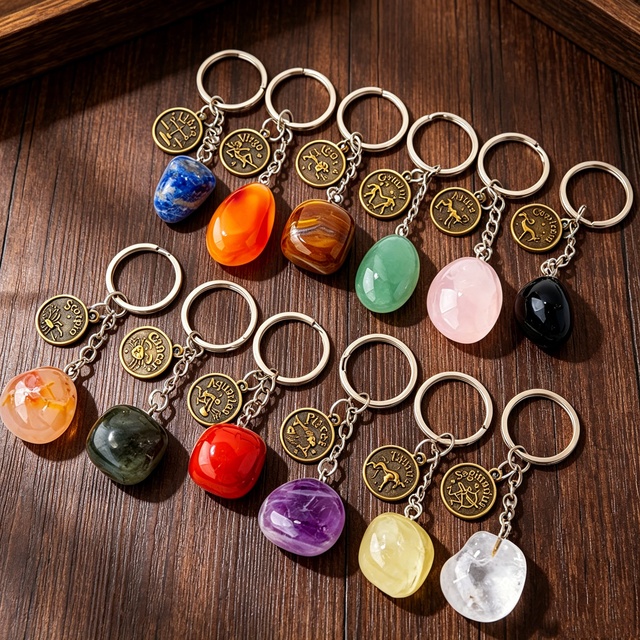 Natural Crystal Tumbled Stone 12 Zodiac Keychain Healing Gemstone Key Ring for Bag Purse Phone Charm Birthday Gift for Women