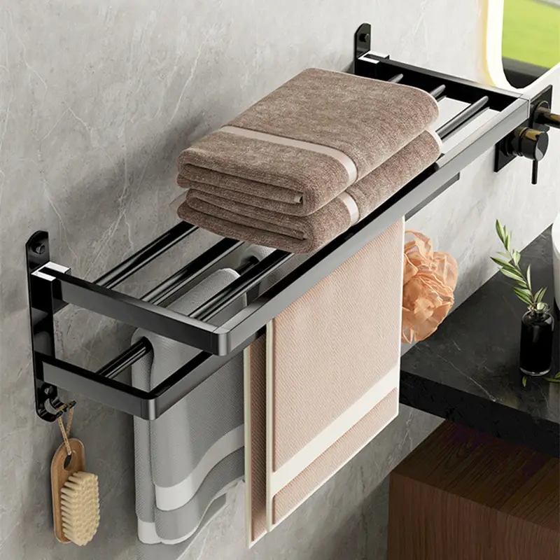 Organizador de baño multifuncional, toallero de baño de aluminio plegable, estante de almacenamiento de toallas pulido montado en la pared