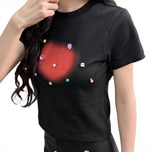 Custom Women Rhinestone Crop Top <b>T</b> <b>Shirt</b> Round Neck Short Sleeve Slim <b>Fit</b> Y2K Fashion Tee <b>Cropped</b> Streetwear Top Custom Logo - Product Image 2