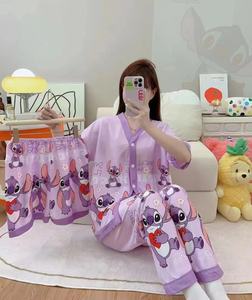ชุดนอนผู้หญิงลายการ์ตูนแบบสามชิ้น เนื้อผ้านุ่มสบาย ชุดนอนฤดูร้อน แขนสั้น กางเกงขาสั้น กางเกงขายาว ผ้าไหมนม - Product Image 4