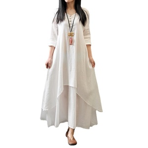 Women's Cotton <b>Linen</b> Dress White Solid Color Fake <b>Two</b> <b>Piece</b> Long Tea Ceremony Attire Plus Size MLXL2XL3XL4XL5XL - Product Image 5