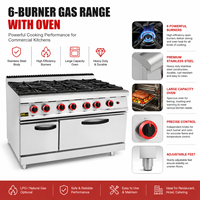 Cuisinière à gaz commerciale 6 brûleurs avec four, en acier inoxydable, sur pied, pour restaurant, hôtel, cuisine