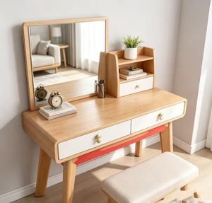 Coiffeuse scandinave en bois de hêtre massif avec miroir et tiroirs de rangement, ensemble de table de maquillage pour chambre à coucher - Product Image 1