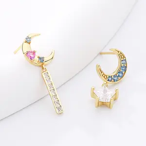 supplier of korean 925 sterling silver earrings asymmetrical korean cubic zircon half moon stud bar star dangle drop earring