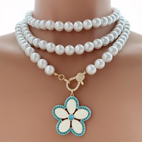 Kalung Mutiara 3 Lapis TK-C621 untuk Wanita, Liontin Bunga Turquoise, Kalung Elegan untuk Liburan dan Pernikahan
