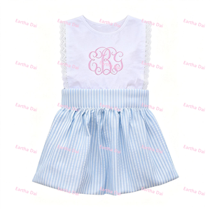 Robes d'été pour bébés filles en seersucker, ensembles assortis pour sœurs, barboteuses bulles en dentelle pour nouveau-nés - Product Image 5