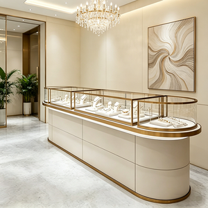 Vitrine de présentation de bijoux de luxe sur mesure avec finition laquée, verre doré et éclairage LED pour salle d'exposition, musée et bijouterie - Product Image 1