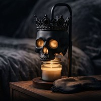 Lampe chauffe-cire électrique à intensité variable, design Couronne Gothique Crâne, avec abat-jour en résine et base en bois d'hévéa, pour bougies aromatiques, décoration d'Halloween