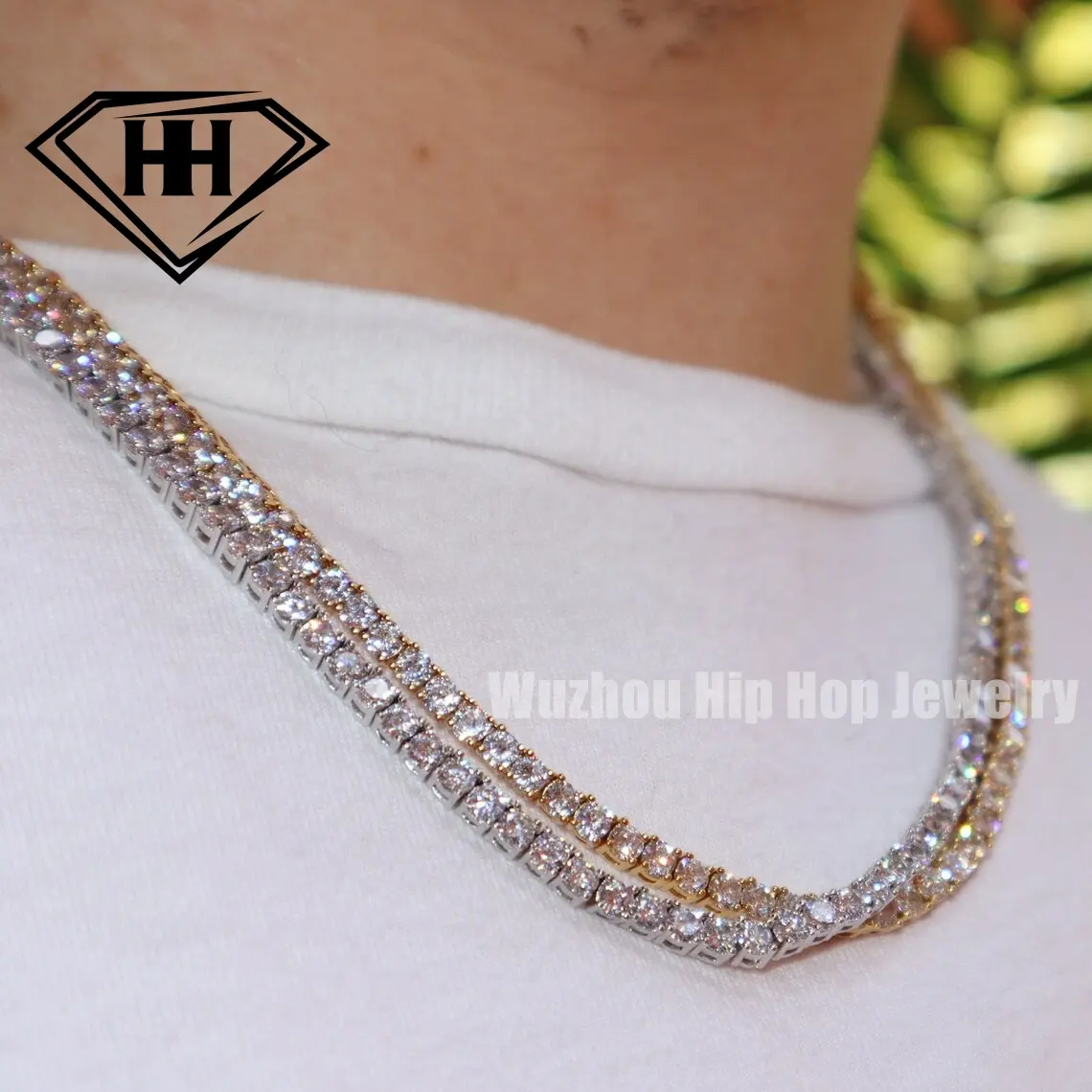 Hip Hop Jewelry 3mm 4mm 5mm Hand Setting 925 Sterling Silver VVS Moissanite Lab Diamond Bling Iced Out Tennis Chains Necklace