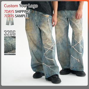 Jeans en denim streetwear de haute qualité personnalisés, taille mi-haute, délavés, coupe oversize, jambe large et ample pour hommes, vente en gros - Product Image 3