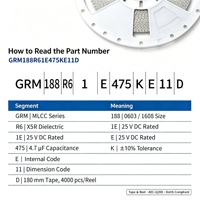 Condensateur céramique multicouche à montage en surface 0603 MLCC 4,7 µF 25 V X5R ±10 % GRM188R61E475KE11D pour assemblage de circuits imprimés SMT