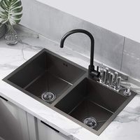 Évier de cuisine moderne fait à la main en acier inoxydable 201 brossé PVD noir double bol avec forme carrée et porte-couteau