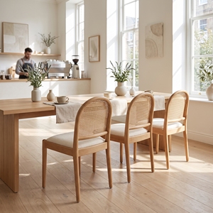 [Stock en EE. UU.] Silla de Comedor de Madera Maciza Estilo Mid-Century con Respaldo de Ratán y Asiento Tapizado en Tela Teddy para Muebles de Restaurante - Product Image 2