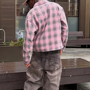 Custom New Design Best Selling Custom Rhinestone Plaid Flannel Shirt Long Sleeve Button <b>Down</b> Streetwear Casual Shirt for Men - Product Image 2