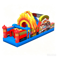 Château gonflable à thème pompier avec obstacle, camion de pompiers, mur d'escalade et jouets éducatifs