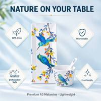 Service de vaisselle en mélamine motif oiseaux bleus, assiettes et bols à motif floral, vaisselle incassable de qualité alimentaire, vente en gros, export Chine