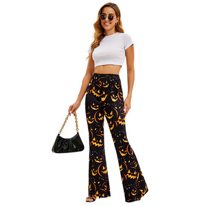 Pantalon évasé pour femme, imprimé citrouille et chauve-souris noir, taille haute, en satin, long, tendance, pour Halloween - Product Image 3