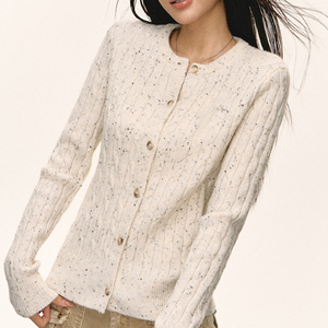 <span class=keywords><strong>Cardigan</strong></span> da Donna in Maglia a Trecce Crema con Motivo Maculato - Top Casual Retrò per Uso Quotidiano - Product Image 2