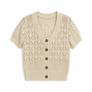 Cardigan a Costine con Bottoni e Collo Tondo, Manica Corta, Vestibilità Aderente, Maglione da Donna per l'Estate - Product Image 3