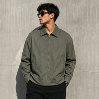 Blouson Harrington zippé vert olive pour homme, col à revers, poches latérales obliques, coupe courte, style vintage, en sergé, vêtement de travail décontracté