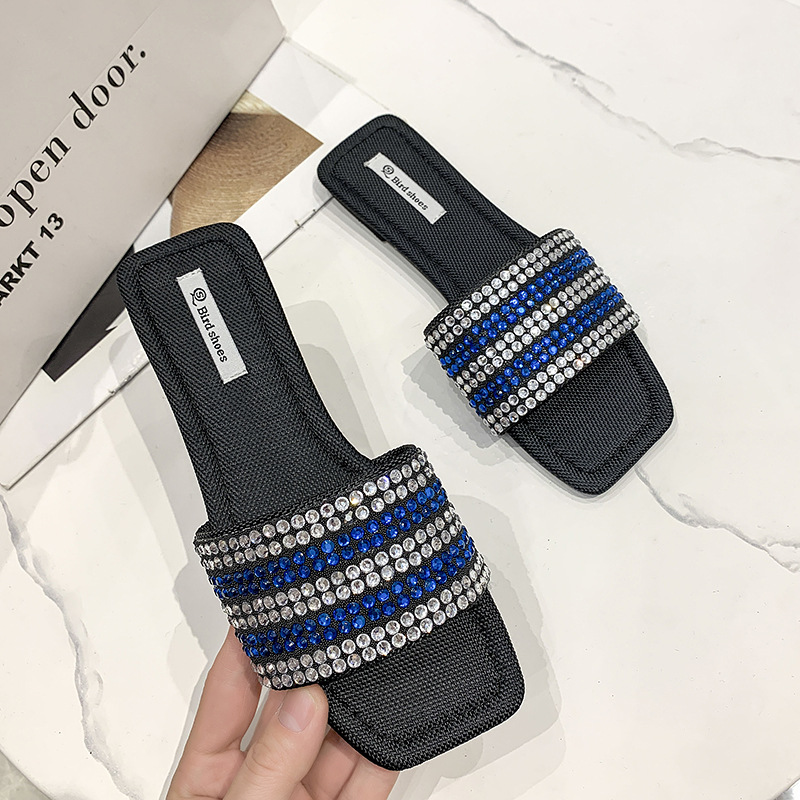 2023 Women Rhinestone Flat Sandals Slippers Square Head Casual Slide Summer Beach Shoes