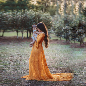 Châu Âu và mỹ của phụ nữ V cổ sừng ren siêu dài trailing phụ nữ mang thai chảy váy nhiếp ảnh Ăn mặc - Product Image 3