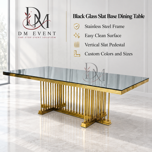 Mesa de Comedor de Acero Inoxidable Dorado Premium con Cristal Espejado y Base de Pedestal Lineal para Proyectos de Banquetes en Hoteles - Product Image 3