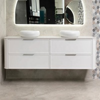 Meuble-lavabo mural pour salle de bain avec 4 grands tiroirs style Shaker, double vasque, dessus en marbre à bord arrondi et miroir LED