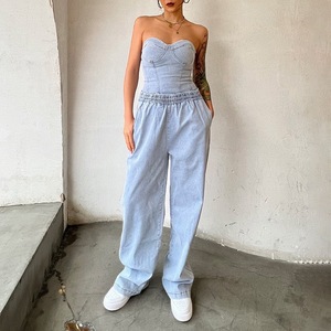 <span class=keywords><strong>Jean</strong></span> à jambe droite pour femme, ensemble de <span class=keywords><strong>Top</strong></span> et pantalon en <span class=keywords><strong>Jean</strong></span> bleu, sans déchirure, collection printemps 2023 - Product Image 2