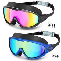 Lunettes de natation à monture large anti-buée avec bouchons d'oreille intégrés, pince-nez, protection UV, étanches, sangle réglable pour adultes